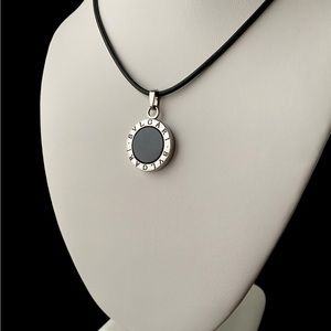 Bulgari Costume Silver Tone Pendant on Black Cord Necklace
